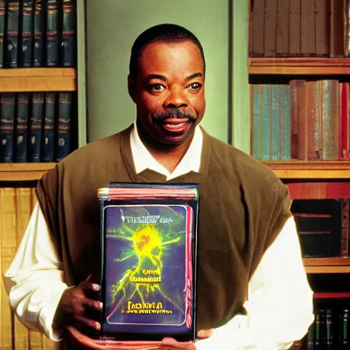 Image similar to LeVar Burton holding the Necronomicon for a very special episode of Reading Rainbow, 4k, 8k, tasteful photoshop, photorealistic,