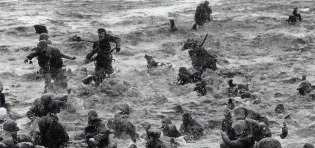 Image similar to the pope storming omaha beach during ww ii