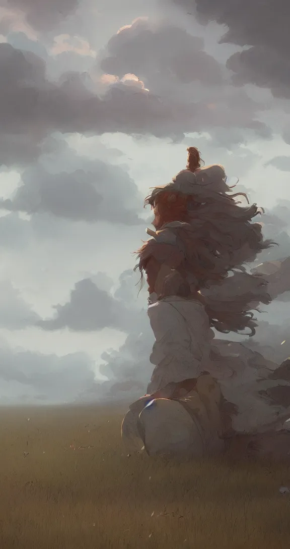 Image similar to A thunderstorm in the prairie, by Studio Ghibli and Greg Rutkowski, artstation