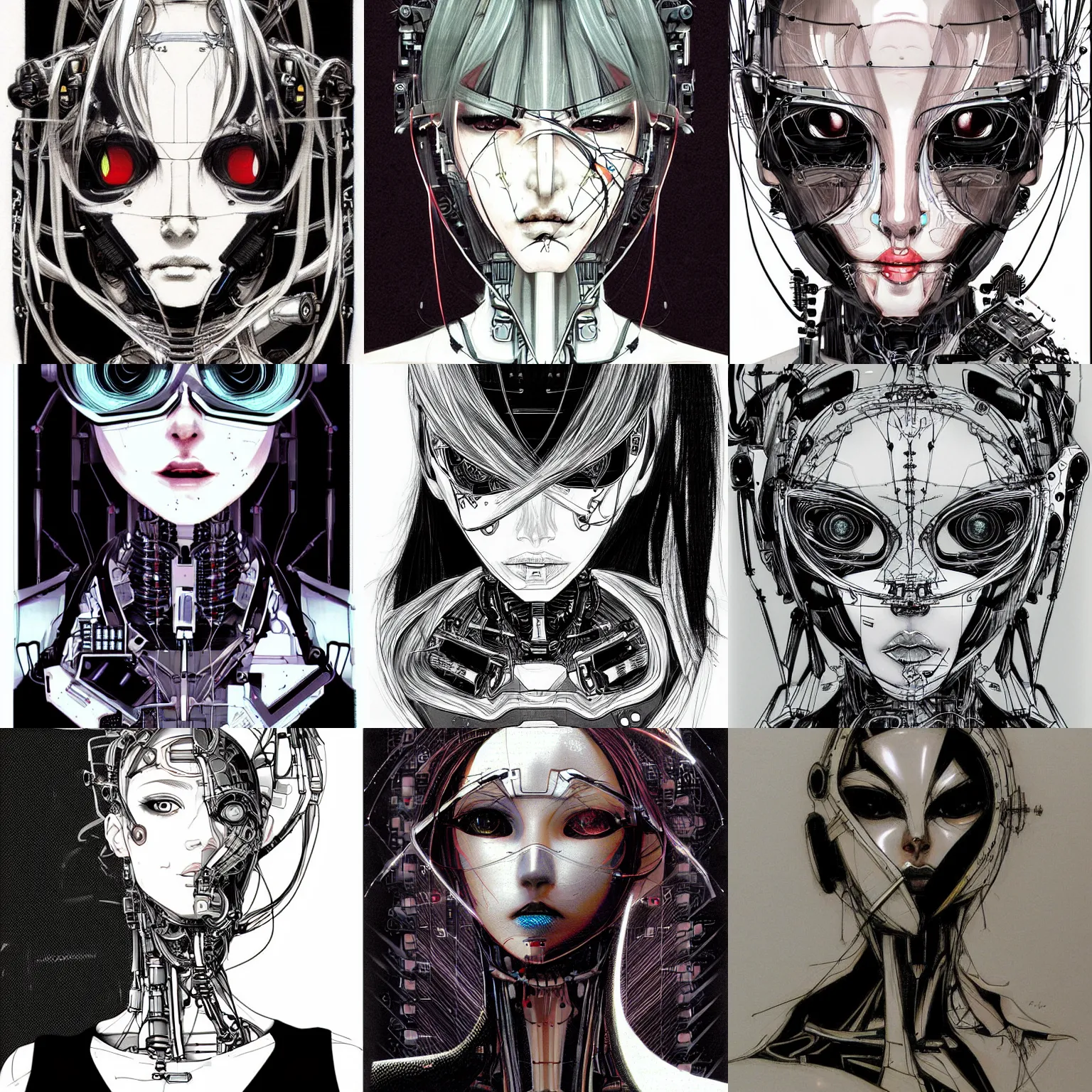 Prompt: biomechanical robotic woman, cute, cyberpunk, face portrait drawn by nihei tsutomu