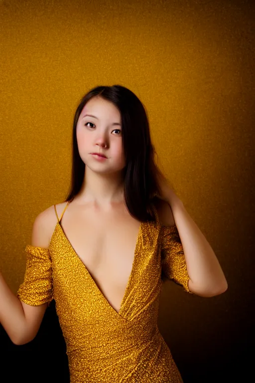 Prompt: lifestyle portrait of a girl in a golden dress with over a black background, photography, smooth, sharp focus, turning head