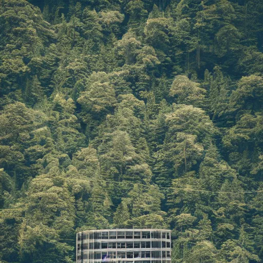 Prompt: sci fi nuclear containment buildings in a steep sided valley with trees, a sense of hope and optimism, birds overhead, stark light, day time, unsplash, national geographic, hd, high res