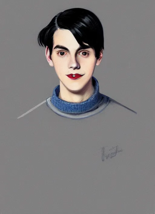 Image similar to portrait of teenage jughead jones wearing a light grey crown, crown, blue turtleneck, 1 9 5 0 s, closed eyes, photorealistic, black hair, glowing lighting, intricate, elegant, glowing lights, highly detailed, digital painting, artstation, concept art, smooth, sharp focus, illustration, art by wlop, mars ravelo and greg rutkowski