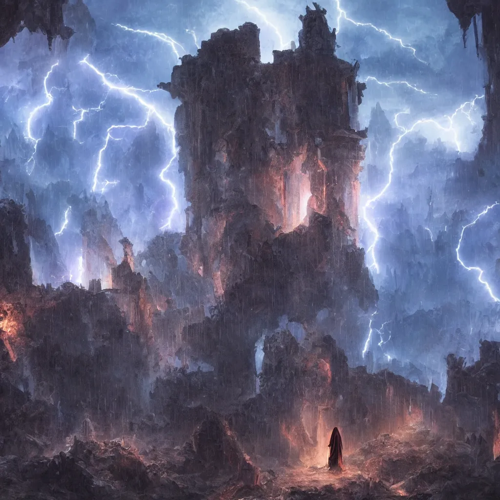 Image similar to a still of a cloaked figure standing in the ruins of crux prime, monastery, there is lightning, blue fiery maelstrom in the distance, it is raining, digital art, artstationhq