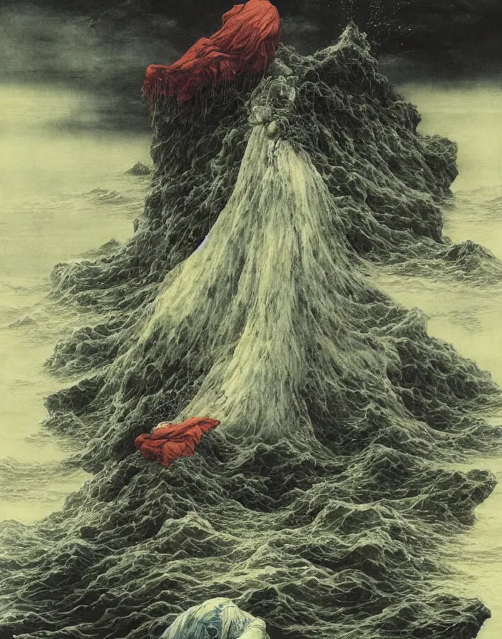 Image similar to worshippers in tattered robes belonging to the cult of the lighthouse standing in waves, a lighthouse, high detailed beksinski painting, part by adrian ghenie and gerhard richter. art by takato yamamoto. masterpiece, deep dark colours