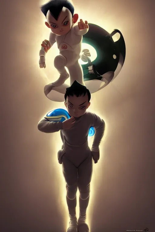 Image similar to portrait of Astroboy, centered full body pose, zenith angle, shadowy area, dramatic lighting, concept art, digital painting, Unreal Engine 5, 8K, art by artgerm and Greg Rutkowski and Alphonse Mucha