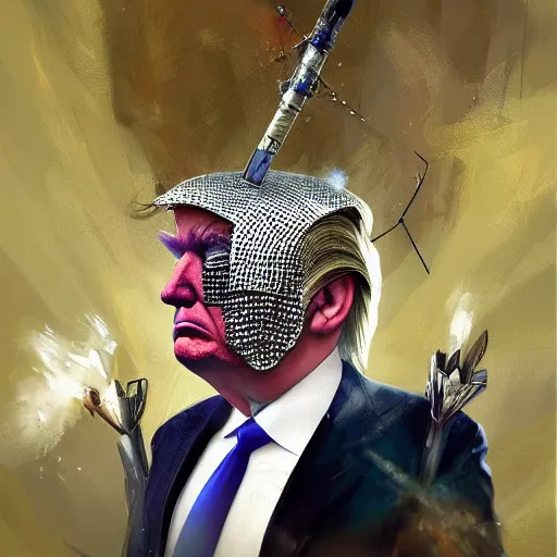 Prompt: eyes face nose mouth ears portrait of Donald Trump wearing chainmail whilst twirling a spear ismail inceoglu ishbel myerscough