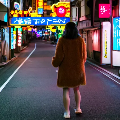 Prompt: female bigfoot walking through the streets of Japan with neon signs lining the streets illumated