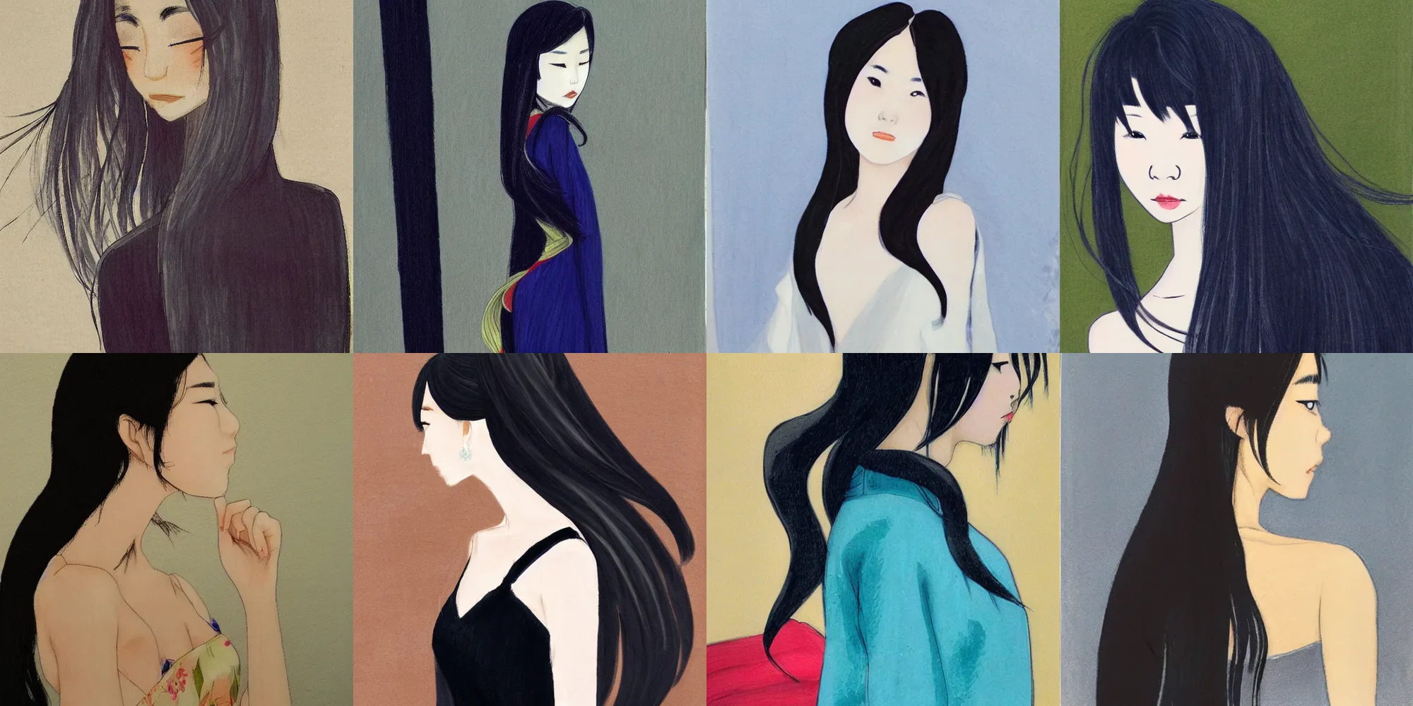 Prompt: asian girl with long hair, profile, silk dress, by izumi kogahara