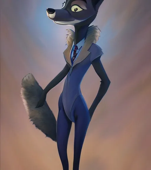 Image similar to oil painting of full body of anthromorphic female wolf, in style of zootopia, zootopia, zootopia, fursona, furry, furaffinity, 4 k, deviantart, furry art, fursona art, wearing black business suit, business suit, in style of zootopia, wolf fursona, cyberpunk, female, expressive detailed feminine face,