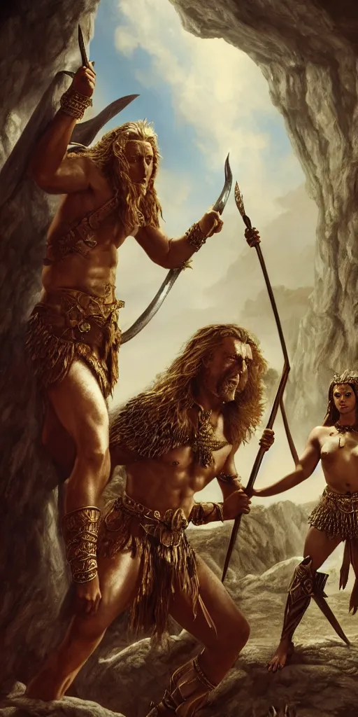 Image similar to kirk douglas as a barbarian, with a beautiful female fantasy maiden, dungeons and dragons, masterpiece by michael whelan, gustav dore, 8 k, octane render