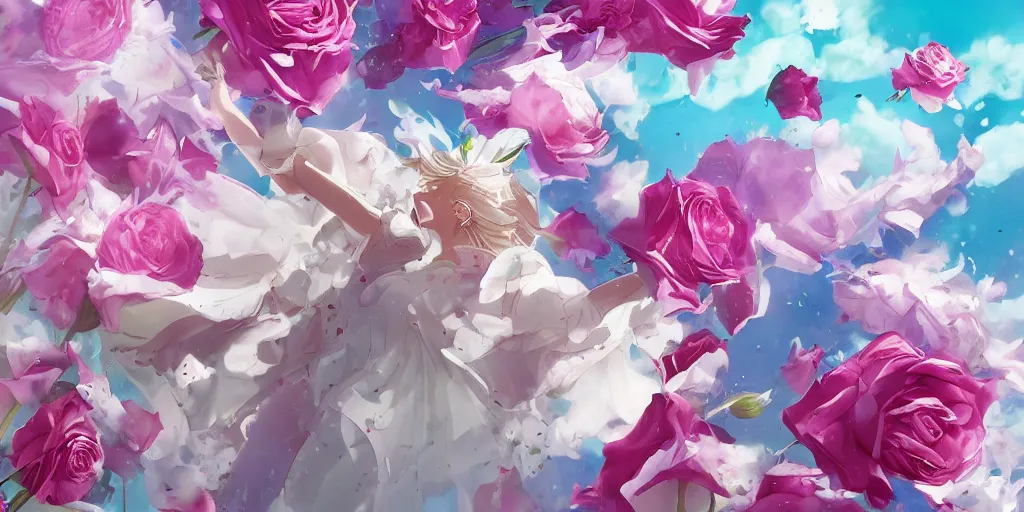 Image similar to action shot of magic invisible force blade slicing through a bouquet of white and pink roses, flowers exploding and splattering, big puffy clouds, exploding roses, large rose petals, lotus petals, large polygonal background elements, large polygons, studio ghibli anime, radiant lighting, artgerm, manga, trending on artstation, art nouveau, mature colors