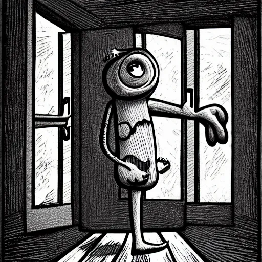 Prompt: photography, cartoon, monster, window, wood floor