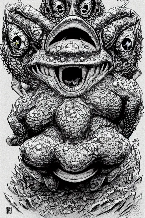 Image similar to toad goblin, symmetrical, highly detailed, digital art, sharp focus, trending on art station, kentaro miura manga art style