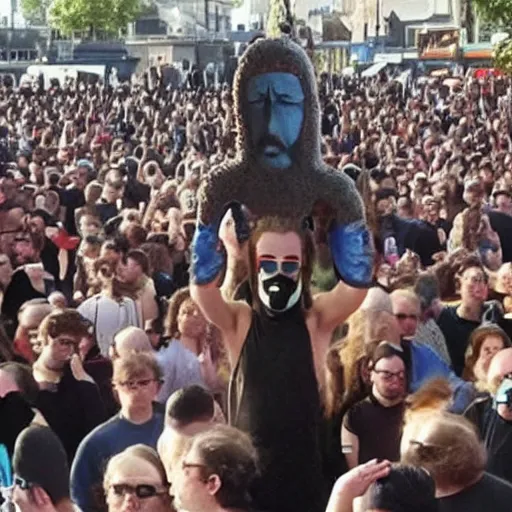 Prompt: Jesus in balaclava mask raving in a huge crowd
