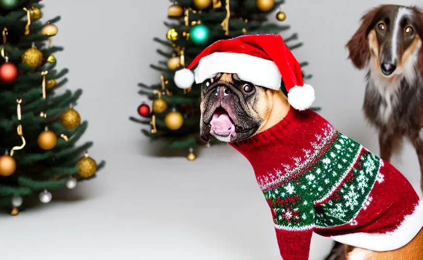 Prompt: studio photography of a dog wearing a woolen christmas sweater in front of a christmas tree, detailed face, cinematic lighting, 8 k