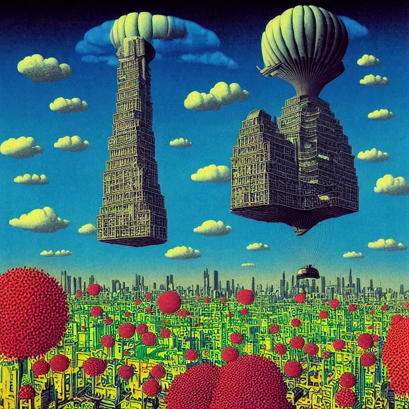 Image similar to surreal glimpse into other universe, mahanakorn tower with airship floating n the sky, summer morning, very coherent and colorful high contrast, art by!!!! rene magritte!!!!, geof darrow, floralpunk screen printing woodblock, dark shadows, hard lighting, stipple brush technique,