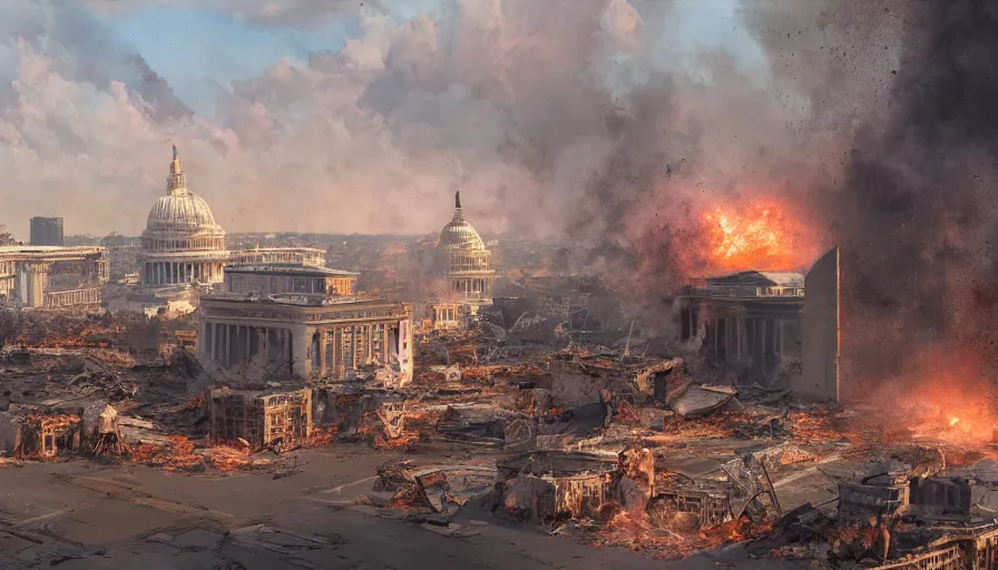 Image similar to destroyed washington dc with damaged buildings by james gurney, smoke, fire and ashes, hyperdetailed, artstation, cgsociety, 8 k