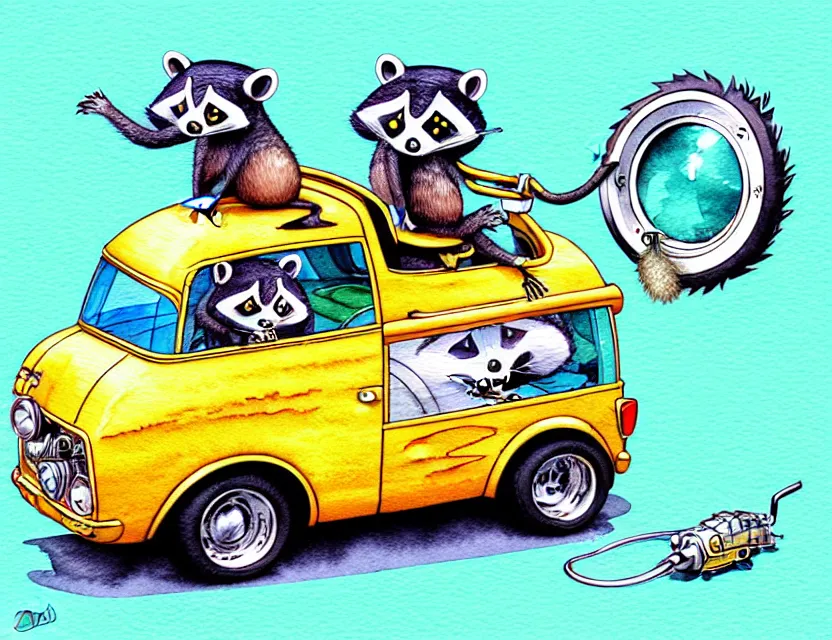 Image similar to cute and funny, racoon riding in a tiny hot rod with oversized engine, ratfink style by ed roth, centered award winning watercolor pen illustration, isometric illustration by chihiro iwasaki, edited by range murata, tiny details by artgerm and watercolor girl, symmetrically isometrically centered