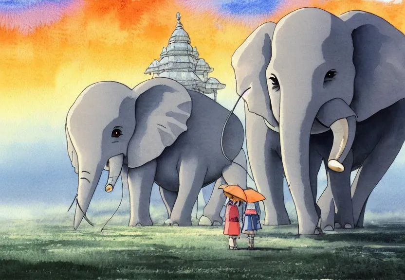 Image similar to a hyperrealist watercolor concept art from a studio ghibli film showing a giant grey dumbo the elephant. a temple is under construction in the background in india on a misty and starry night. by studio ghibli. very dull muted colors