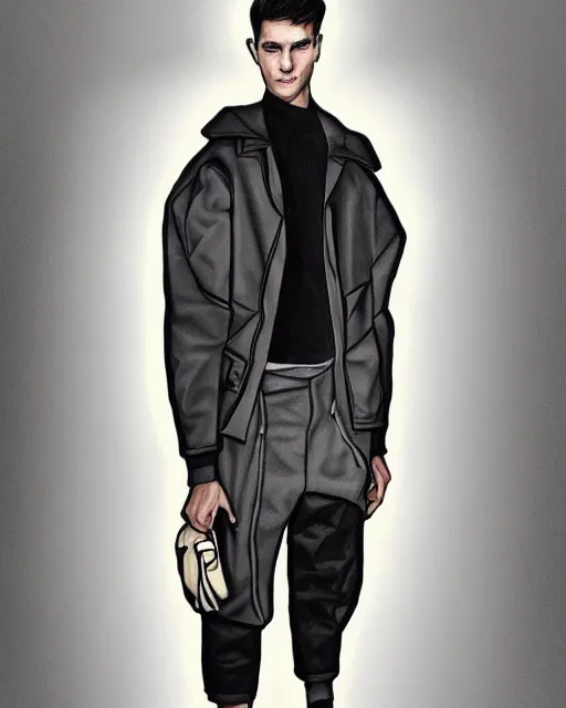 Prompt: rough marker sketch of a male model wearing a cropped baggy menswear moto jacket by issey miyake, 4 k, astonishing detail, studio lighting, wide angle lens