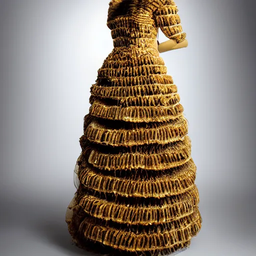 Prompt: a beautiful dress made of a bee hive, on a mannequin. high resolution, studio lighting