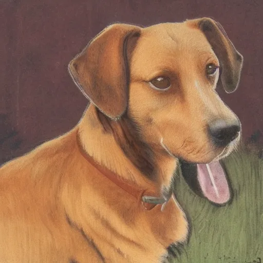 Prompt: portrait of brown danish - swedish farmdog with a background in the style of mucha