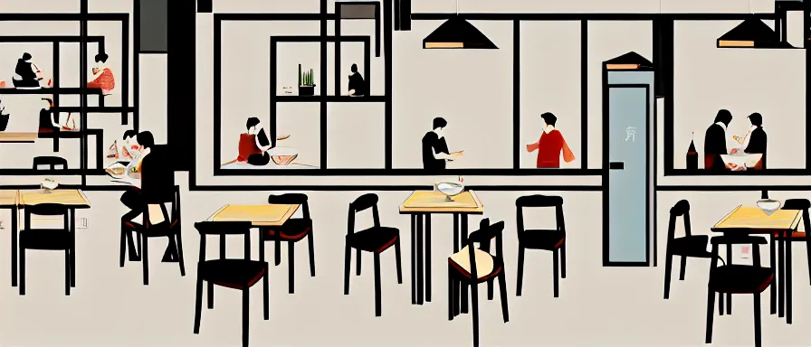 Prompt: a beautiful interior view illustration of a small roasted string hotpot restaurant in yan'an city, corner, restaurant wall paper is tower amd mountain, rectangle white porcelain table, people are eating, black chair, animation illustrative style, from china, simple style structure decoration design, victo ngai, james jean, 4 k hd