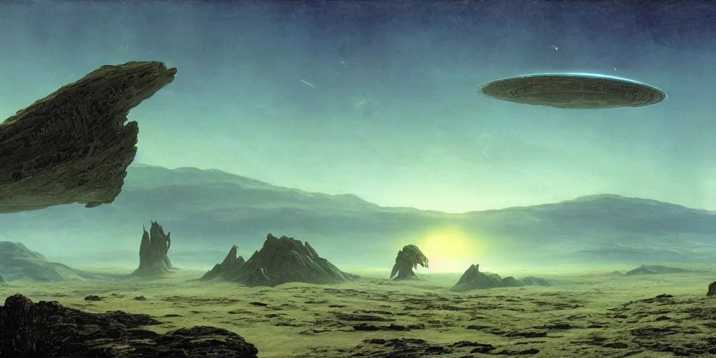 Prompt: large spaceship orbiting over a alien planet, volumetric light from nearby star, style by caspar david friedrich and wayne barlowe and ted nasmith.