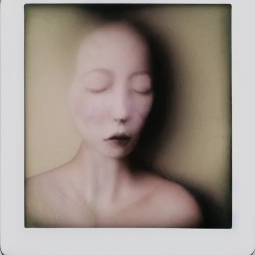 Image similar to a liquid porcelain portrait of a girl face melt down, realistic detailed photography polaroid