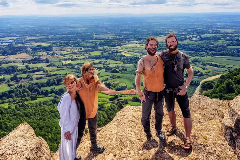 Prompt: selfie from a mobile phone of happy jesus and happy mary magdalene standing on a cliff looking over a beautiful landscape in france, in love, rennes - le - chateau, award winning photo, wide angle lens, very detailed, photorealistic