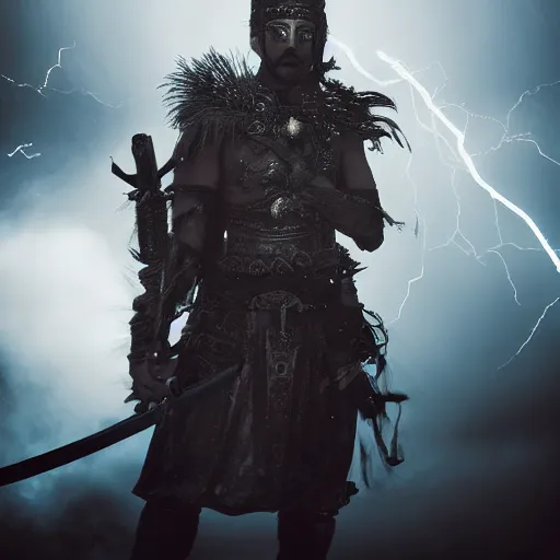 Image similar to a stunning portrait of a warrior, fantasy, glowing eyes, face, sharp focus, holding a sword, atmospheric, smoke, mist, lightning