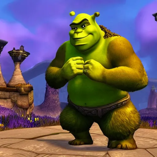 Image similar to shrek in world of warcraft, game graphics, clear, sharp, highly detailed