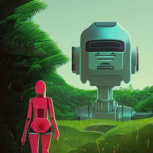 Prompt: a woman walking across a lush green hillside, a huge robot head in front of her, cyberpunk art by by james gilleard, cgsociety, retrofuturism, synthwave, retrowave, outrun