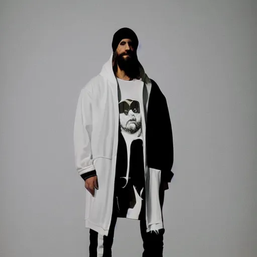 Image similar to a full body lookbook portrait of modern - day jesus wearing virgil abloh off - white menswear and sneaker collection by nicola samori, hat and hoodie, detailed, oil painting, hyper - realistic, 8 k, off - white collection