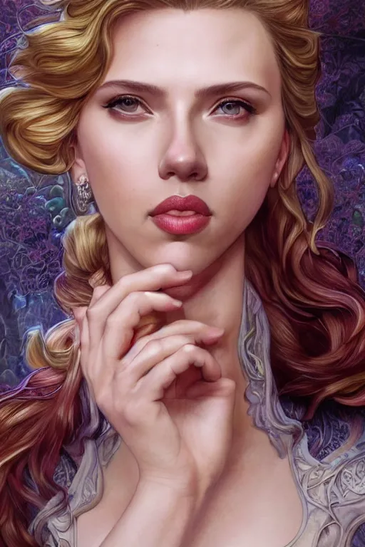 Image similar to scarlett johansson looking cute, anatomy, cute, fantasy, intricate, elegant, highly detailed, digital painting, 4 k, hdr, concept art, smooth, sharp focus, illustration, art by artgerm and h r giger and alphonse mucha