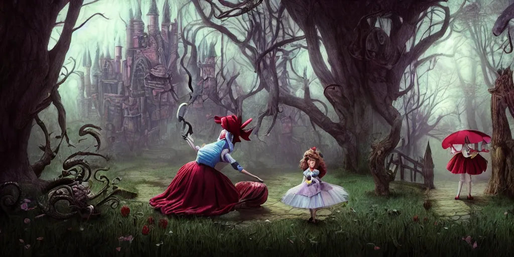 Image similar to Alice in wonderland, horror style, wide angle, super highly detailed, professional digital painting, artstation, concept art, smooth, sharp focus, no blur, no dof, extreme illustration, Unreal Engine 5, Photorealism, HD quality, 8k resolution, cinema 4d, 3D, beautiful, cinematic, art by artgerm and greg rutkowski and alphonse mucha and loish and WLOP