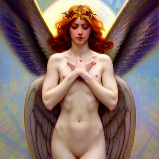 Prompt: Winged girl angel with a glowing halo, face, fantasy, intricate, elegant, dramatic lighting, highly detailed, lifelike, photorealistic, digital painting, artstation, concept art, smooth, sharp focus, illustration, art by John Collier and Krenz Cushart and Artem Demura and Alphonse Mucha and and Albert Aublet