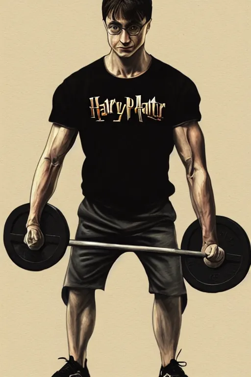 Image similar to highly detailed rendering of Daniel Radcliffe as Harry Potter doing barbell back squats, dingy workout gym, wearing a muscle tee shirt, muscular deep squats, symmetrical, highly detailed, digital painting, artstation, concept art, smooth, sharp focus, illustration, cinematic lighting, art by artgerm and greg rutkowski and alphonse mucha