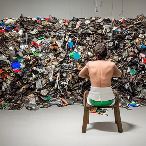 Image similar to in defiance of consciousness, trash art installation, studio lighting