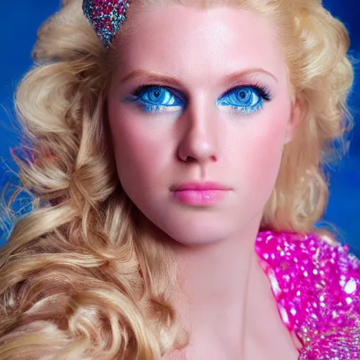 Image similar to close up headshot of a princess with long blonde hair and blue eyes wearing a strapless elaborately beaded pink dress, high resolution film still, 8k, HDR color, film by Simon Langton and David Frankel, diamond shaped face