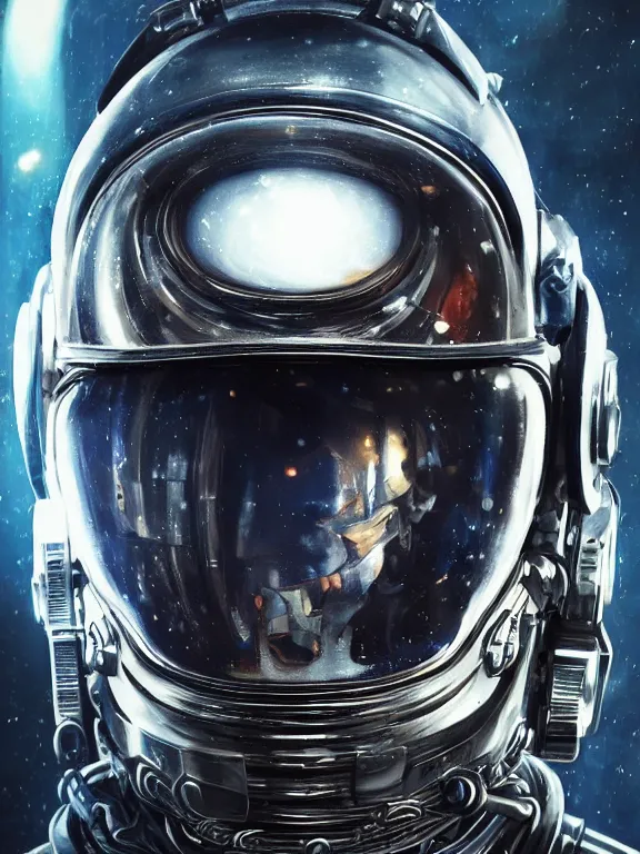 Image similar to portrait art of 8k ultra realistic retro futuristic cosmonaut, galaxy reflected helmet , detailed intricate ornate armour,blade runner, cybernetic, full of colour, cinematic lighting, battered, trending on artstation, 4k, hyperrealistic, focused, extreme details,unreal engine 5, cinematic, masterpiece, art by ayami kojima, giger