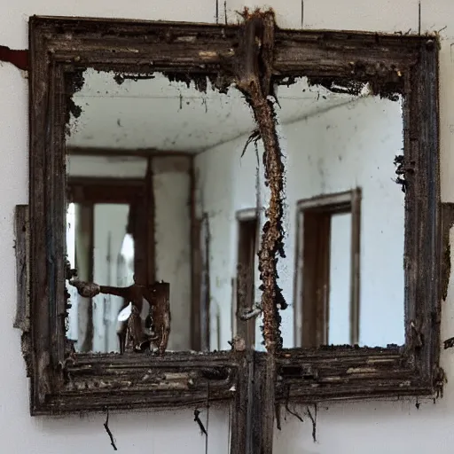 Image similar to a mirror with skeletal decaying arms reaching thru