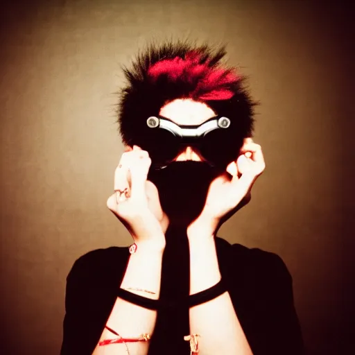 Image similar to kodak portra 4 0 0 photograph of a skinny cybergoth goth guy wearing goggles and eclectic jewelry, moody lighting, telephoto, 9 0 s vibe, blurred background