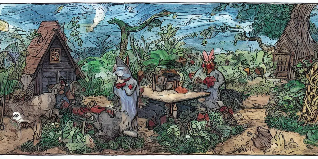 Prompt: antromorphic rabbit and cat dressed in cottagecore living in a cottage, the rabbit has a vegetable garden and the cat is fixing the roof, comic book art style, pictures in sequence, storyboarding, speech bubbles