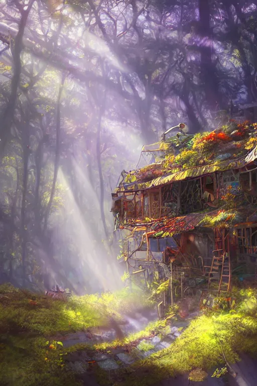 Image similar to a cheerful and whimsical ramshackle multistory hut in the woods, intricate, elegant, fantasy, highly detailed, digital painting, concept art, sharp focus, illustration, beautiful volumetric lighting, beams of light, epic light, artstation, magic hour lighting, colorful, sunshine, spring, art by Bill Watterson