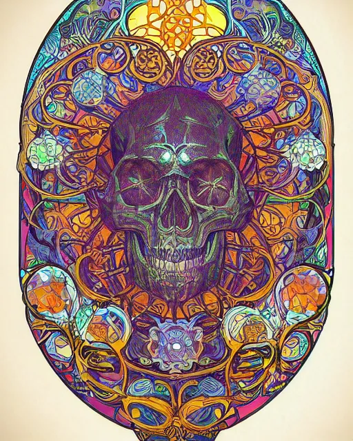 Image similar to skull carving art, cell shading, voronoi,fibonacci sequence, sacred geometry by Alphonse Mucha, Moebius, hiroshi yoshida, Art Nouveau, colorful, ultradetailed, vivid colour, 3d