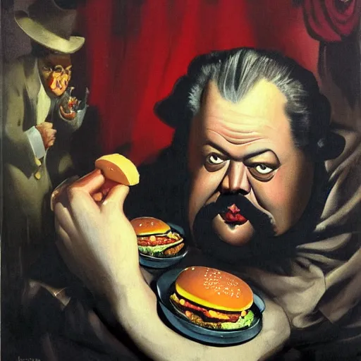 Image similar to surreal grotesque kitsch low-brow Orson Welles emerging from deep shadows eating hamburgers, extra onions and ketchup, luscious patty with sesame seeds, figure in the darkness, serving big macs french fry pattern ambience, Francisco Goya, painted by John Singer Sargant, Adrian Ghenie, style of Francis Bacon, highly detailed, 8k, trending on artstation