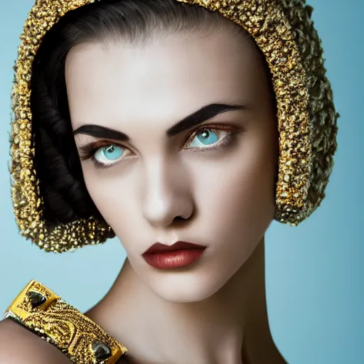 Prompt: close up of face of female fashion model, art - deco style, beige colors, official versace editorial, highly detailed