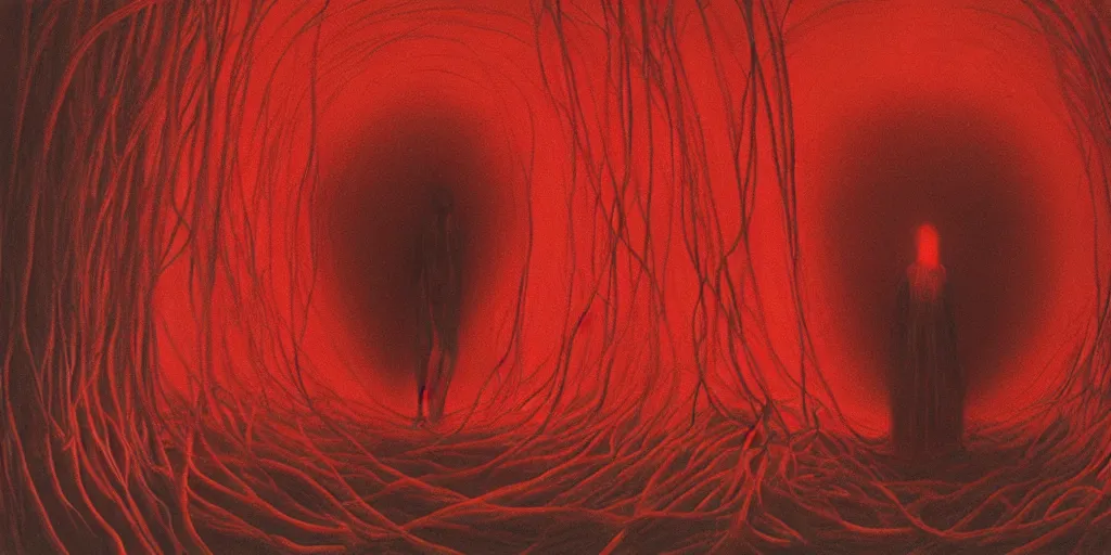Image similar to photo of a woman wrapped around by tubes and cables by Zdzislaw Beksinski, glowing red eyes